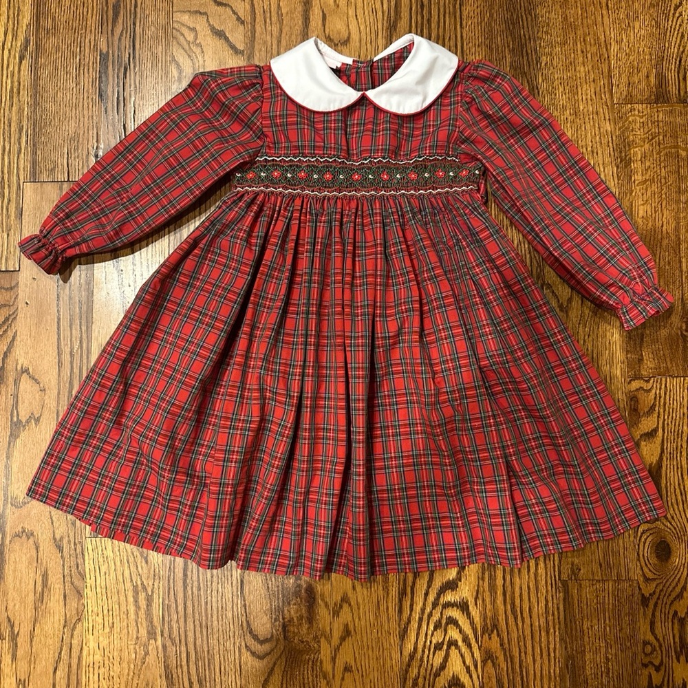 Petit Bebe Girls Smocked Flowers Red Plaid Dress Size 4T Holiday Christmas